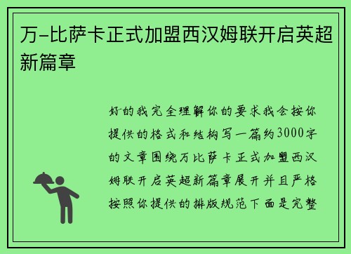 万-比萨卡正式加盟西汉姆联开启英超新篇章